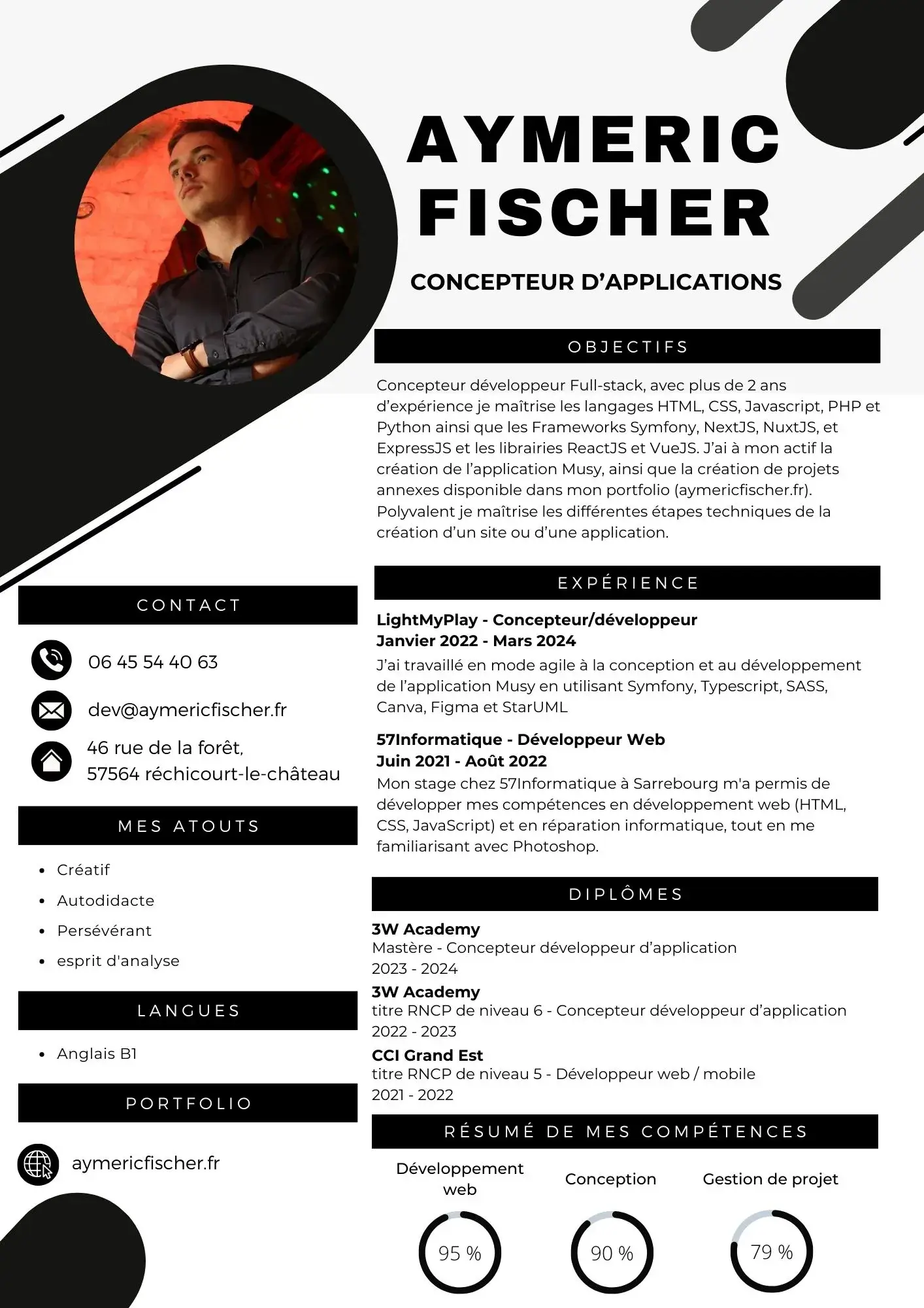 CV d'Aymeric Fischer, développeur web full stack, compétences en Symfony, PHP, ReactJS, VueJS, ExpressJS, CSS, SASS